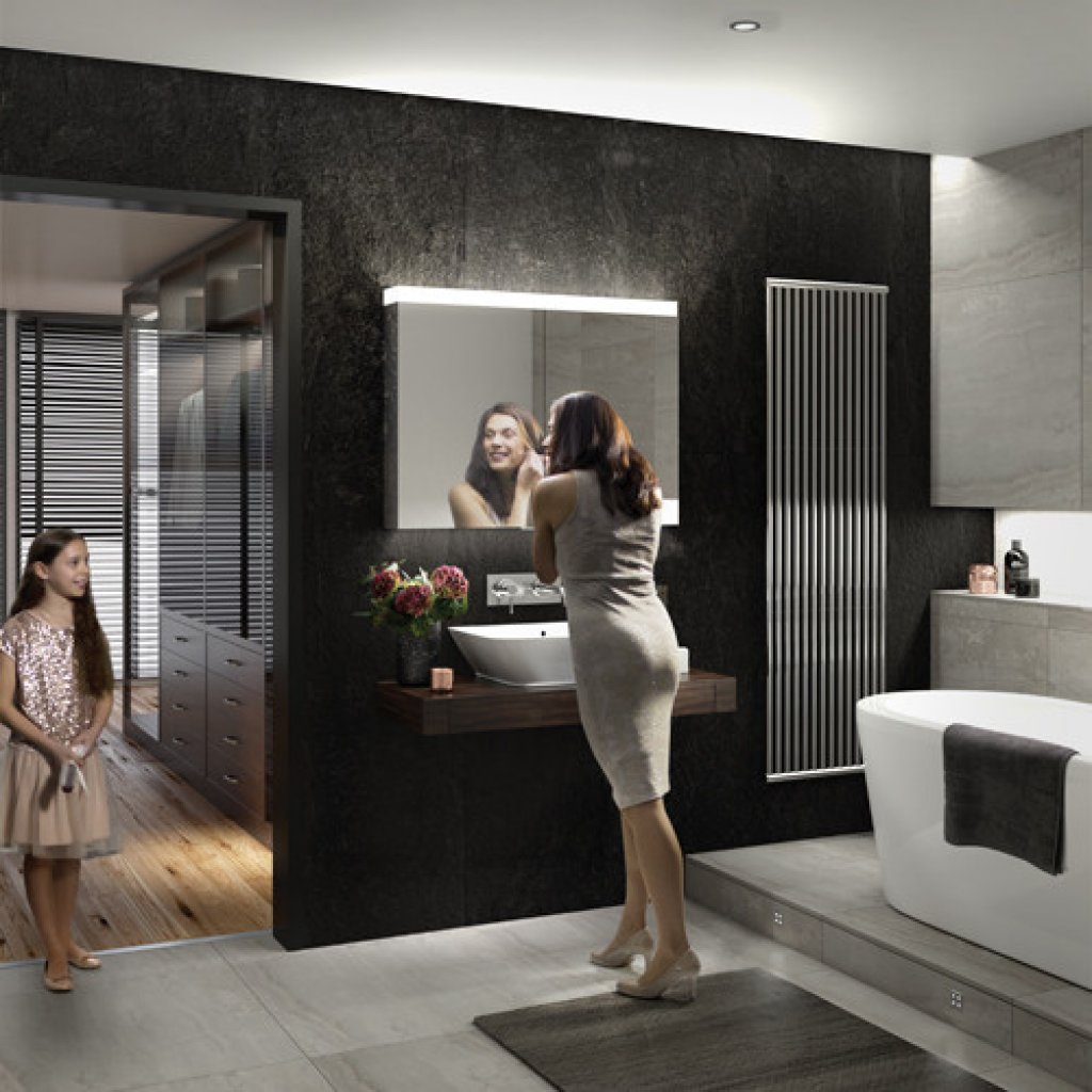 HIB Apex LED Aluminium Cabinet With Mirrored Sides, Integrated Charging Sockets