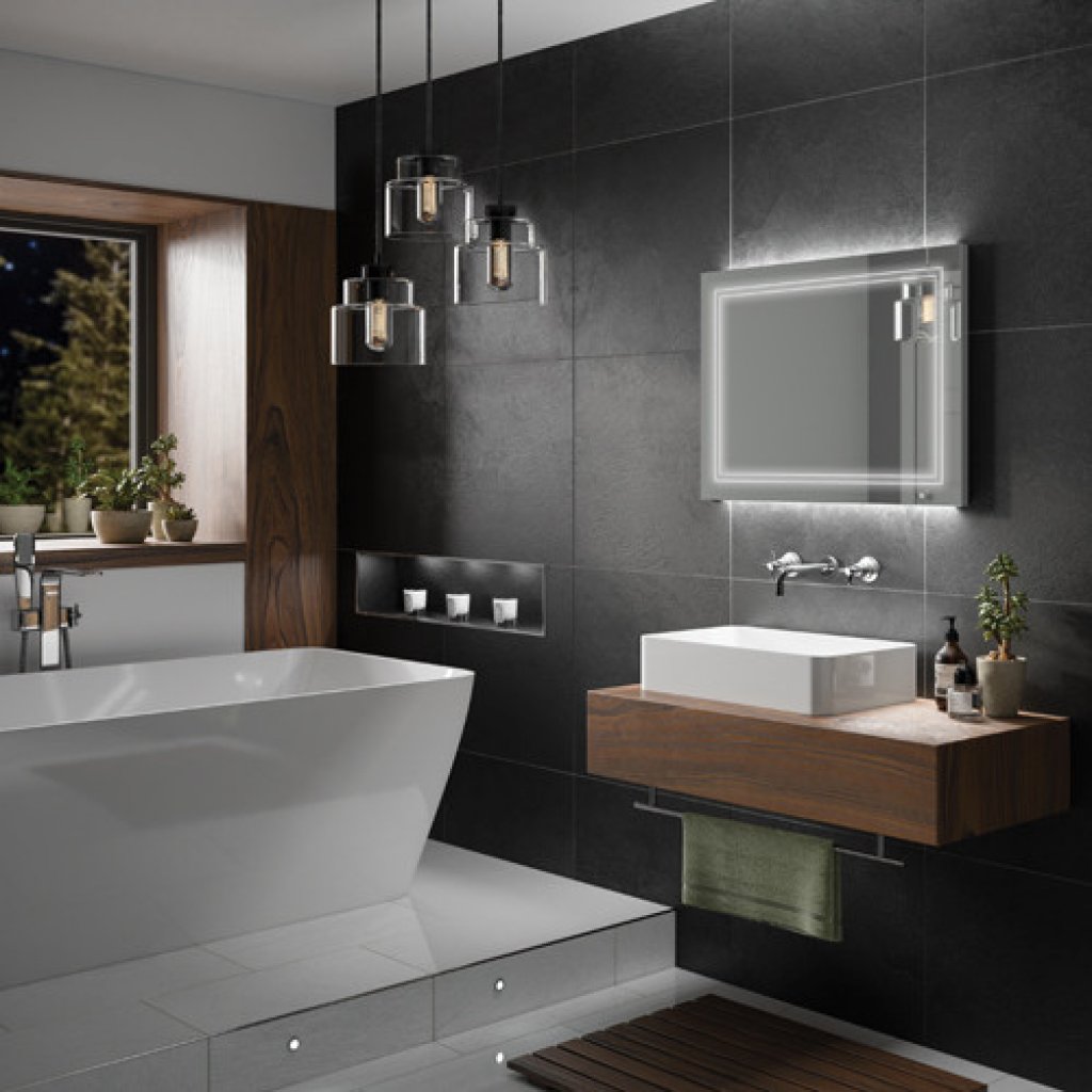 HIB Outline Landscape LED Illuminated Ambient Mirror With Heated Pads & Mirrored Sides - 80 x 60 x 3cm