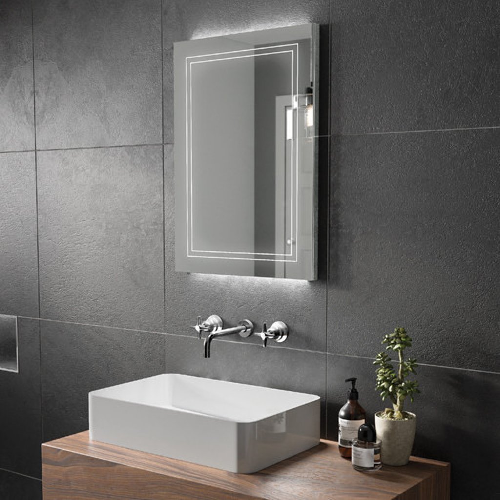 HIB Outline Portrait LED Illuminated Ambient Mirror With Heated Pads & Mirrored Sides